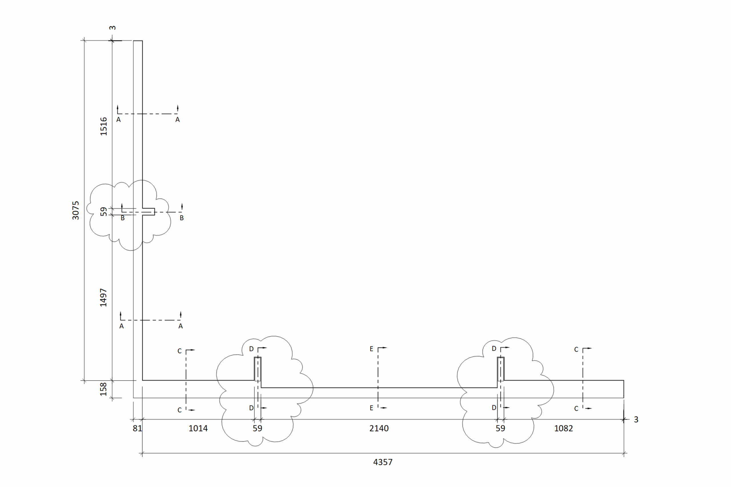 Technical drawing showing precise measurements for one of the glass extension base pressing