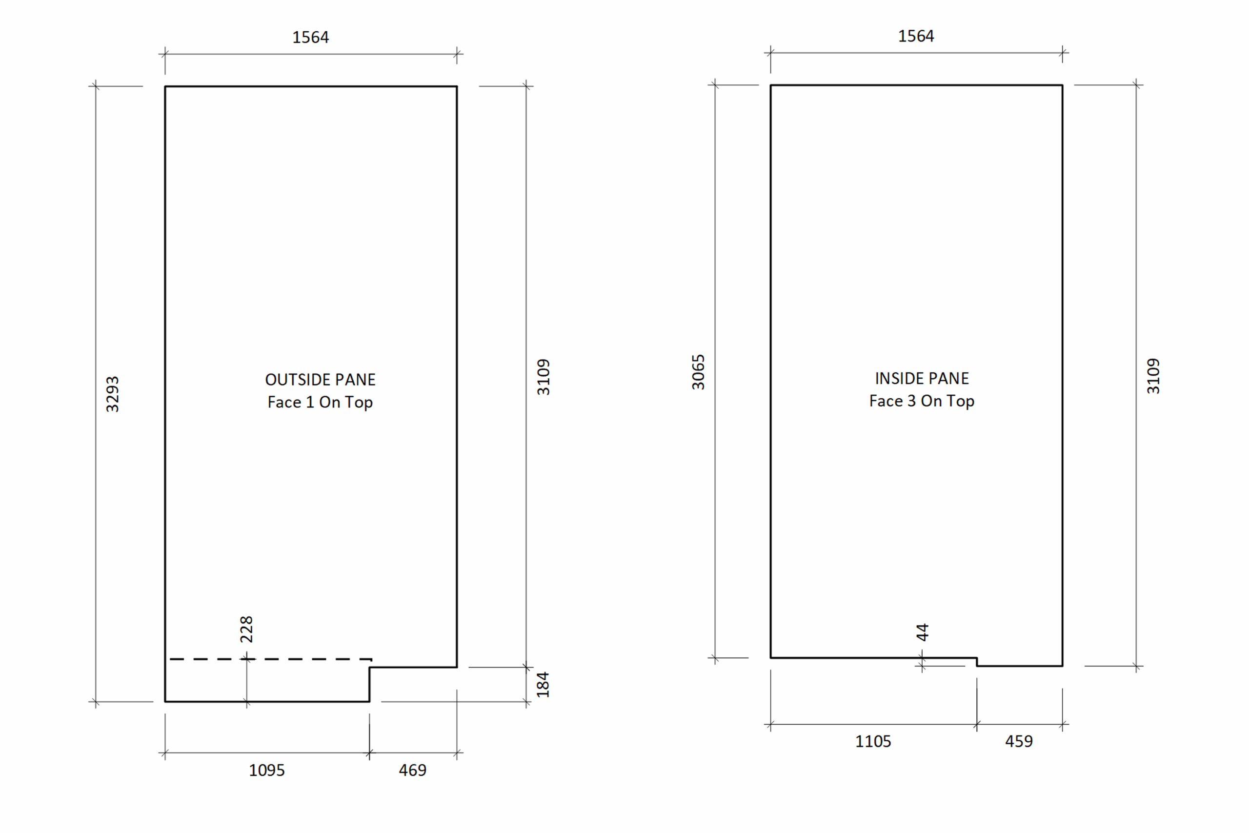 Technical drawing showing precise measurements for one of the structural glass roof panels.