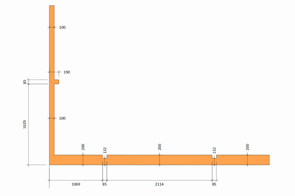 Technical drawing showing the exact dimensions required for the new base and upstand to support the frameless structural glass extension.
