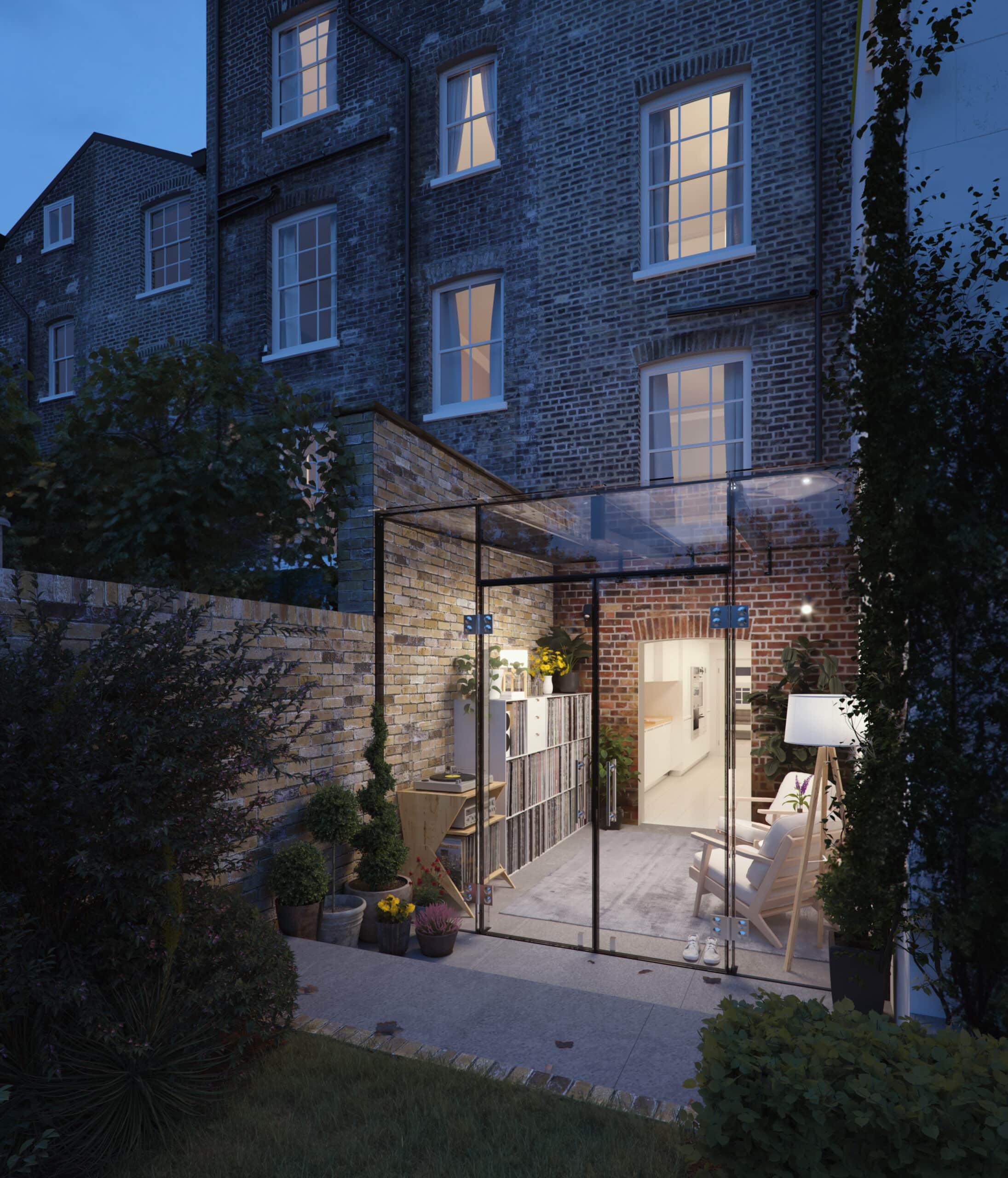 External view of a modern frameless glass cube extension with low-iron roof glazing and full-height French doors.
