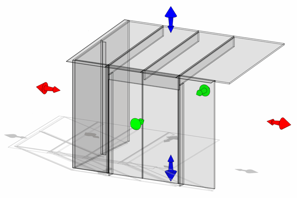 Isometric view of the completed engineering design for the structural glass cube.
