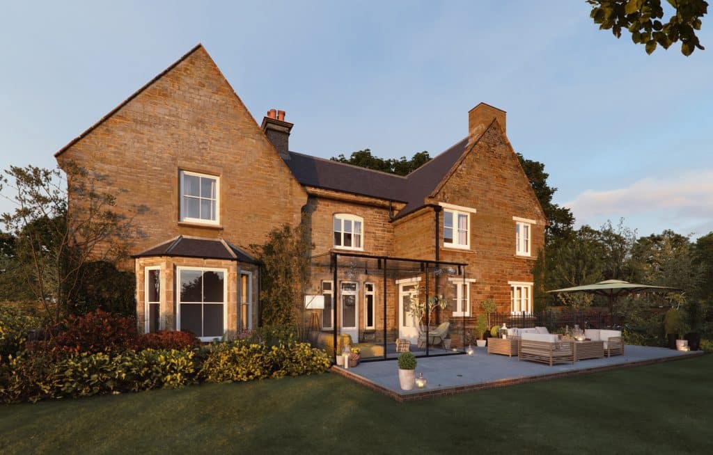 Structural glass cube extension built to golden ratio proportions, featuring frameless glazing and minimal detailing.