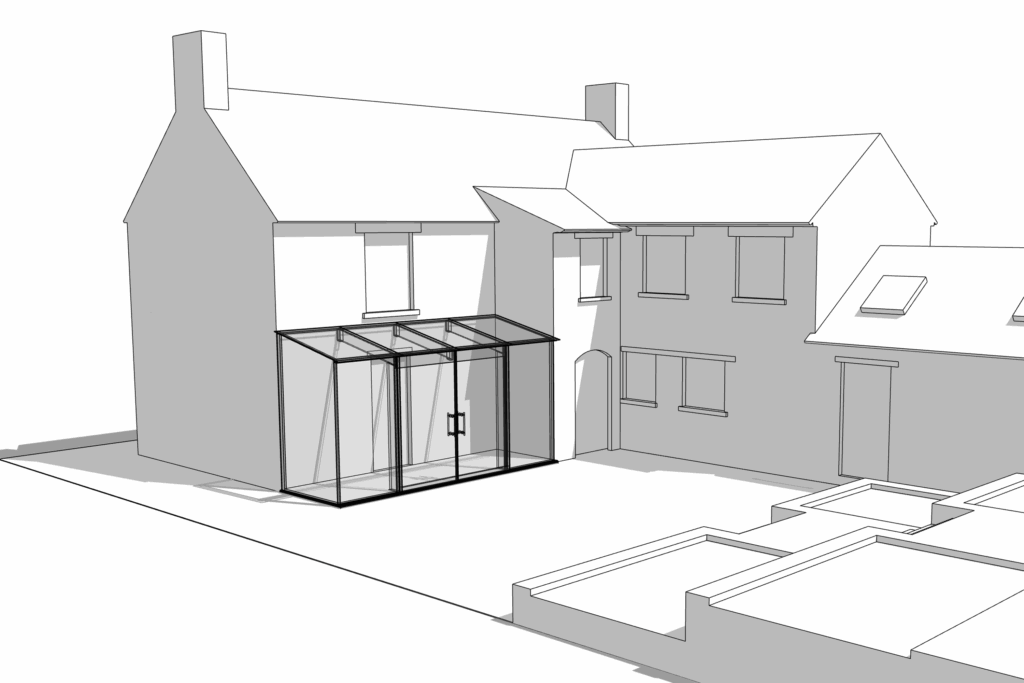 Concept design drawing showing proposed glass extension on a Cotswold stone cottage.