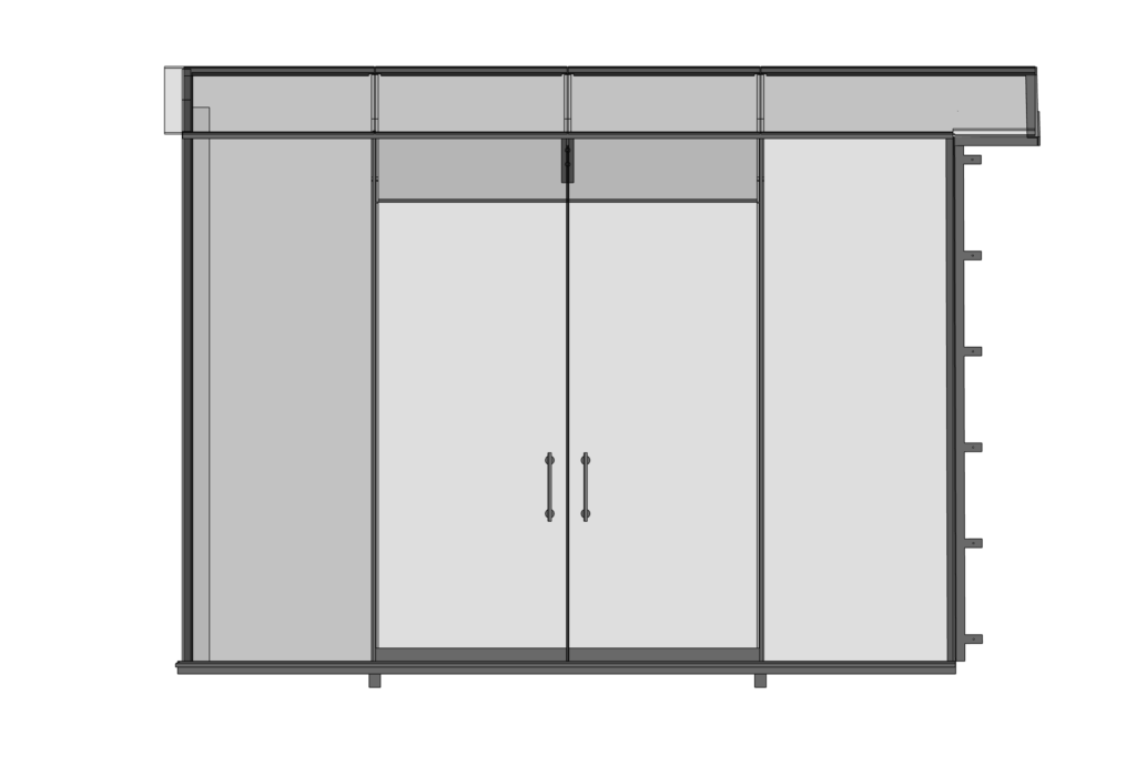 Front elevation drawing of glass extension featuring bi-parting sliding doors.