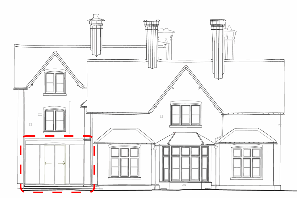 Architect’s drawing showing the client’s initial concept for a frameless structural glass extension.