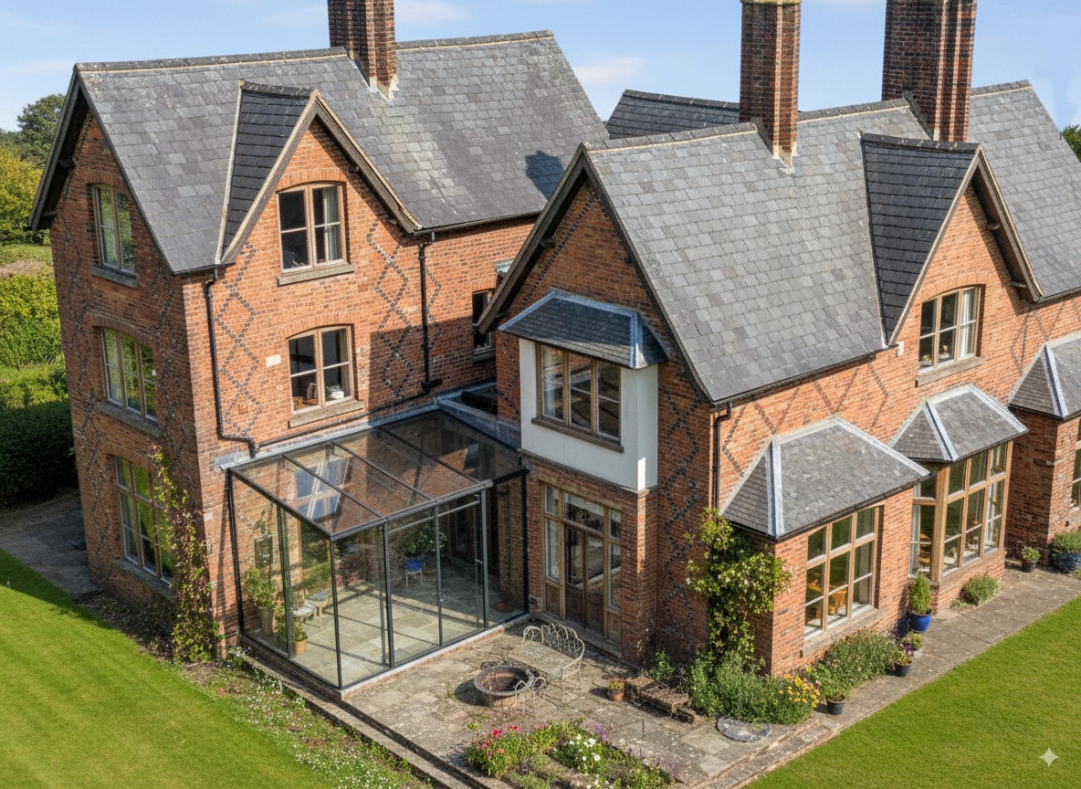 Early visualisation image showing the proposed frameless glass extension based on the concept sketch.