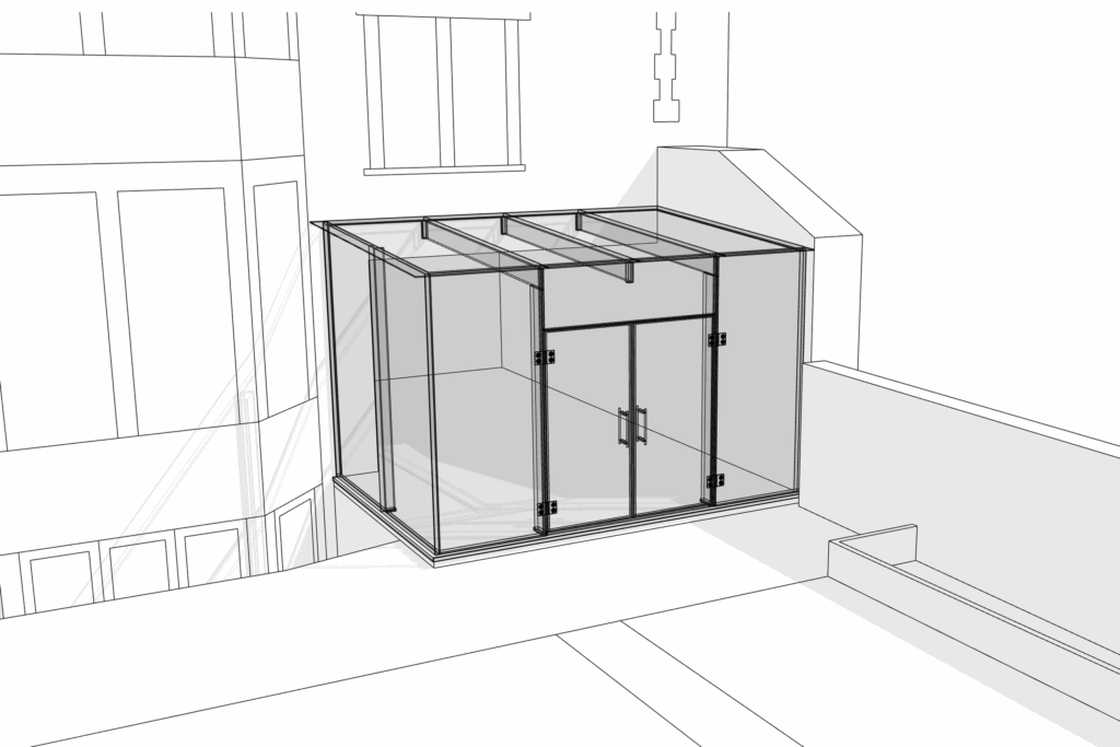 Concept sketch showing the proposed modern glass kitchen extension in Bristol, illustrating the open and light-filled design.