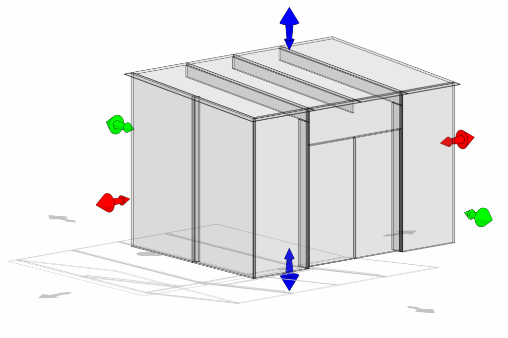 3D isometric view of the glass and beam structure for the modern kitchen extension in Bristol, showing the frameless design and clear support system.
