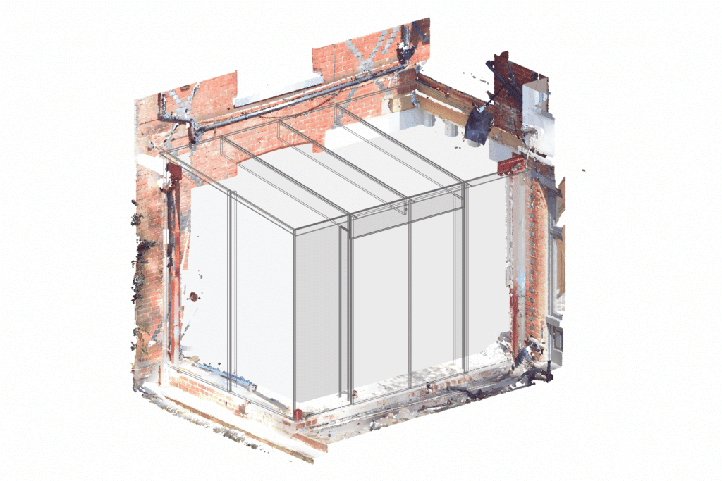 Updated 3D laser scan showing the new base and existing structure with the proposed glass extension overlay.