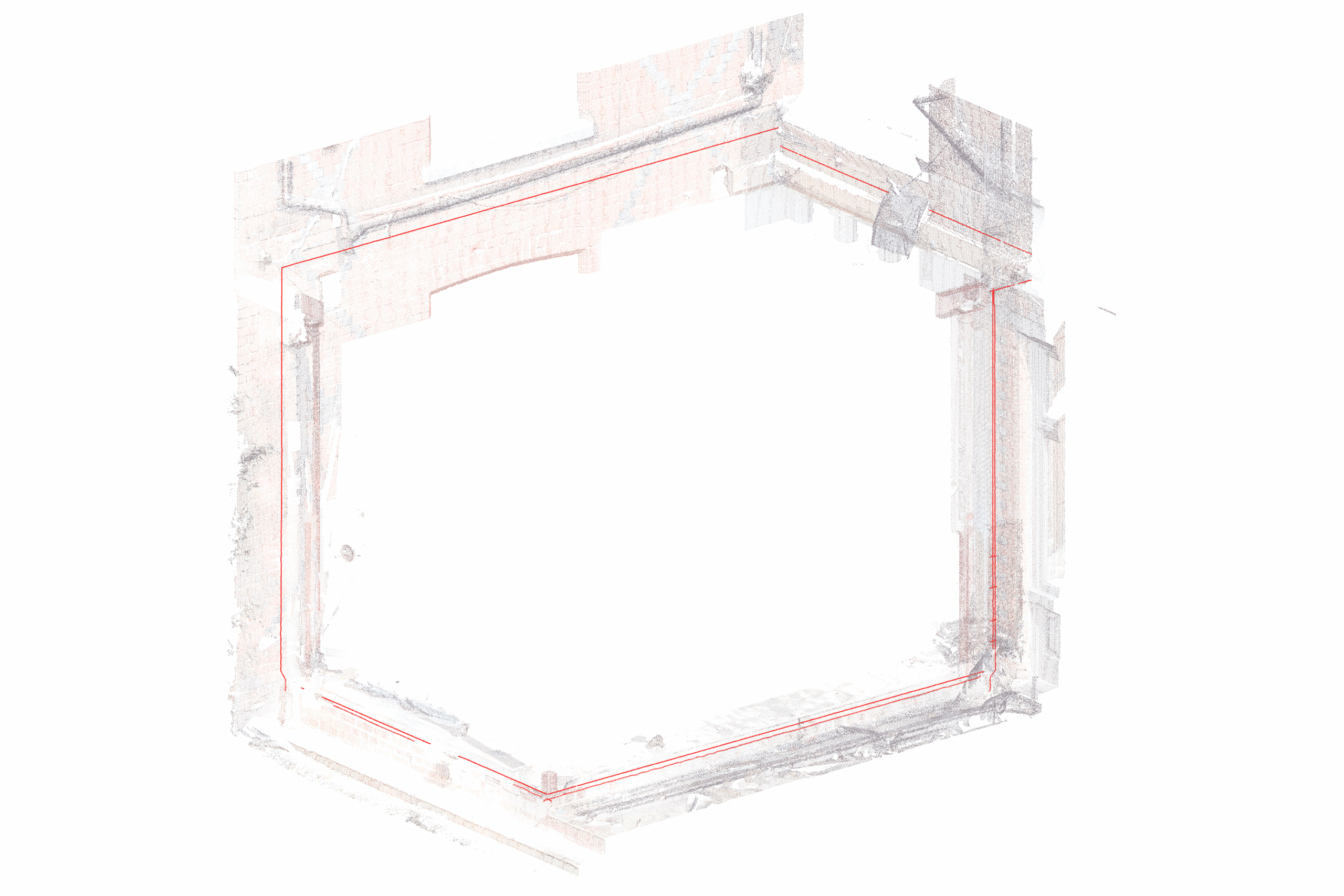 Point-cloud scan with section lines drawn to determine precise junctions for the new glass units.