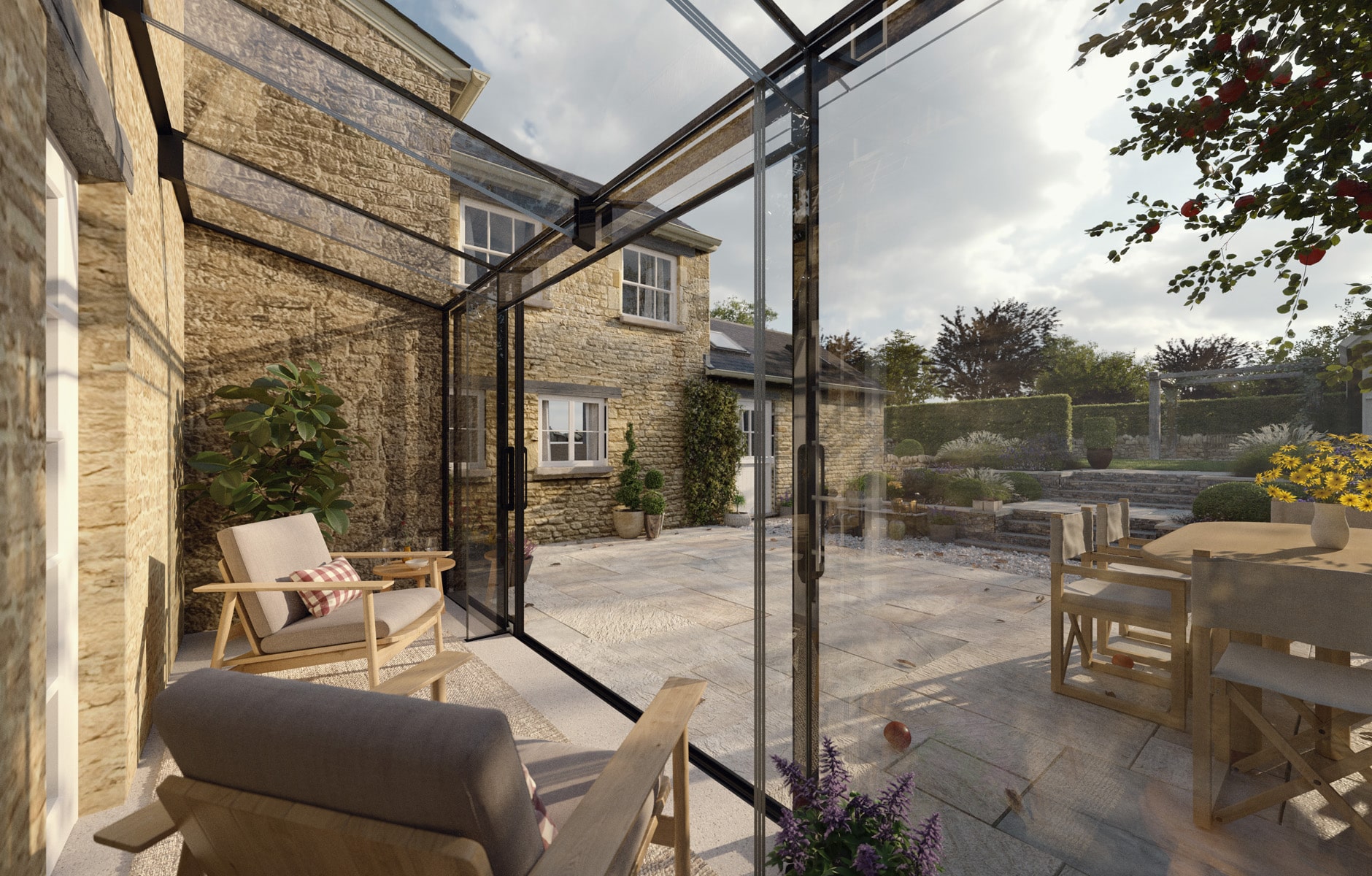 A modern flush-fit glass extension integrated directly into Cotswold stone walls. 1