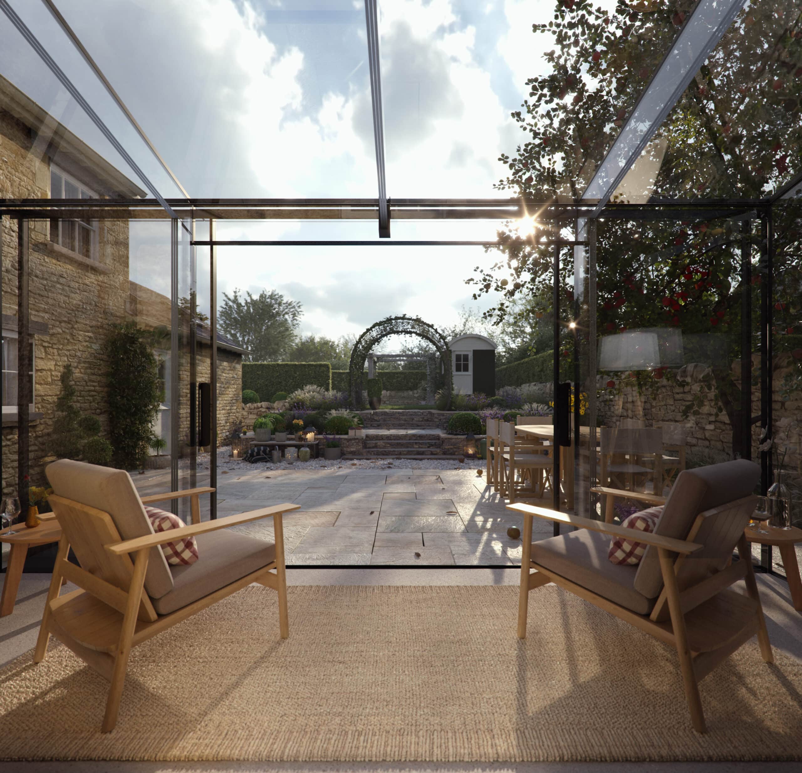 A modern flush-fit glass extension integrated directly into Cotswold stone walls.