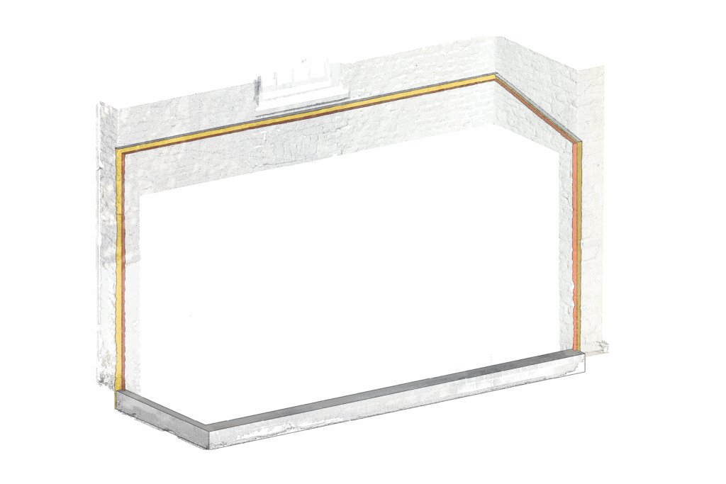 Technical drawing showing areas of Cotswold stone to be cut away for flush glass installation.