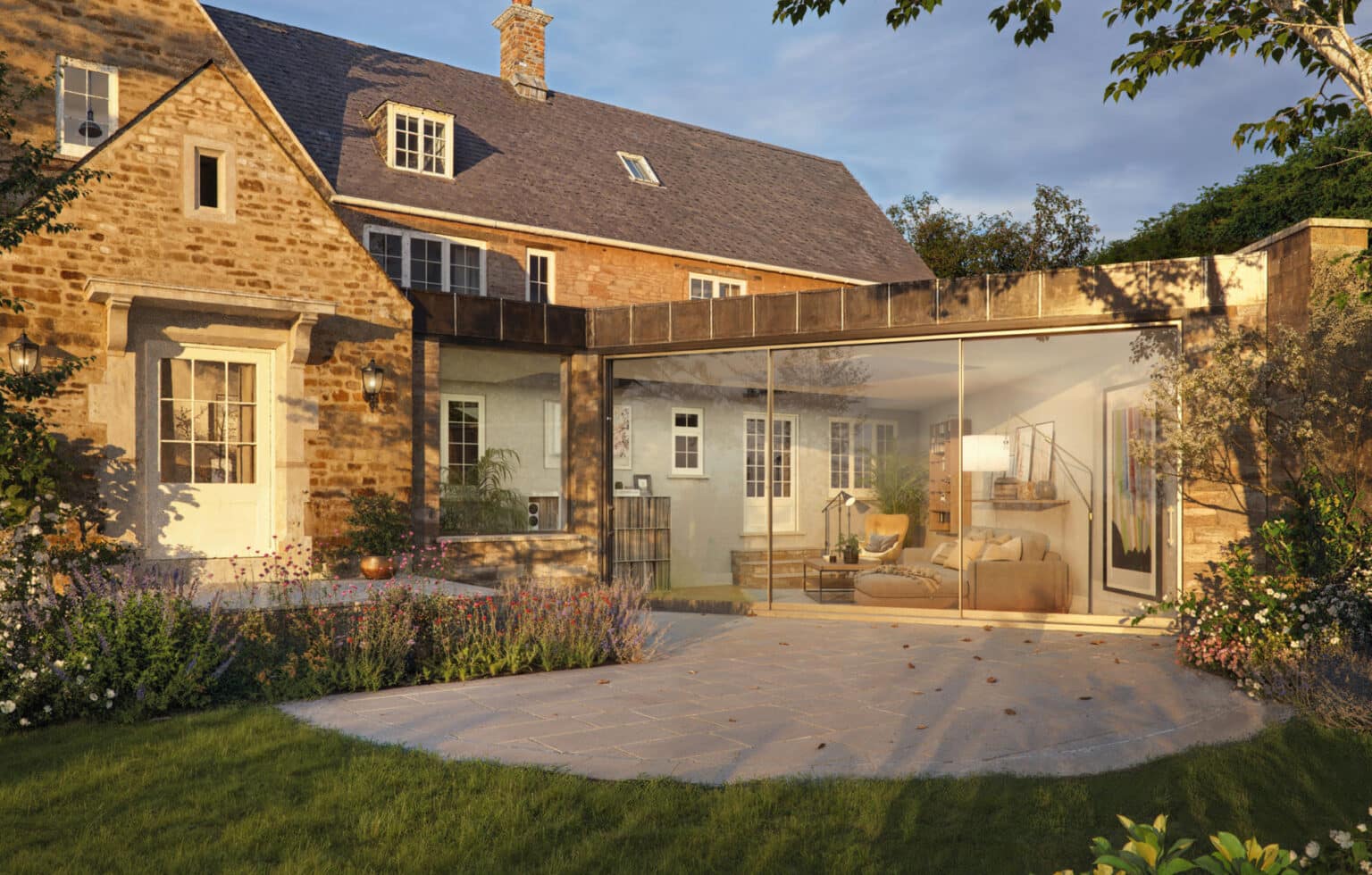 Ultra-slim frameless sliding door system installed in a luxury Cotswolds extension 1