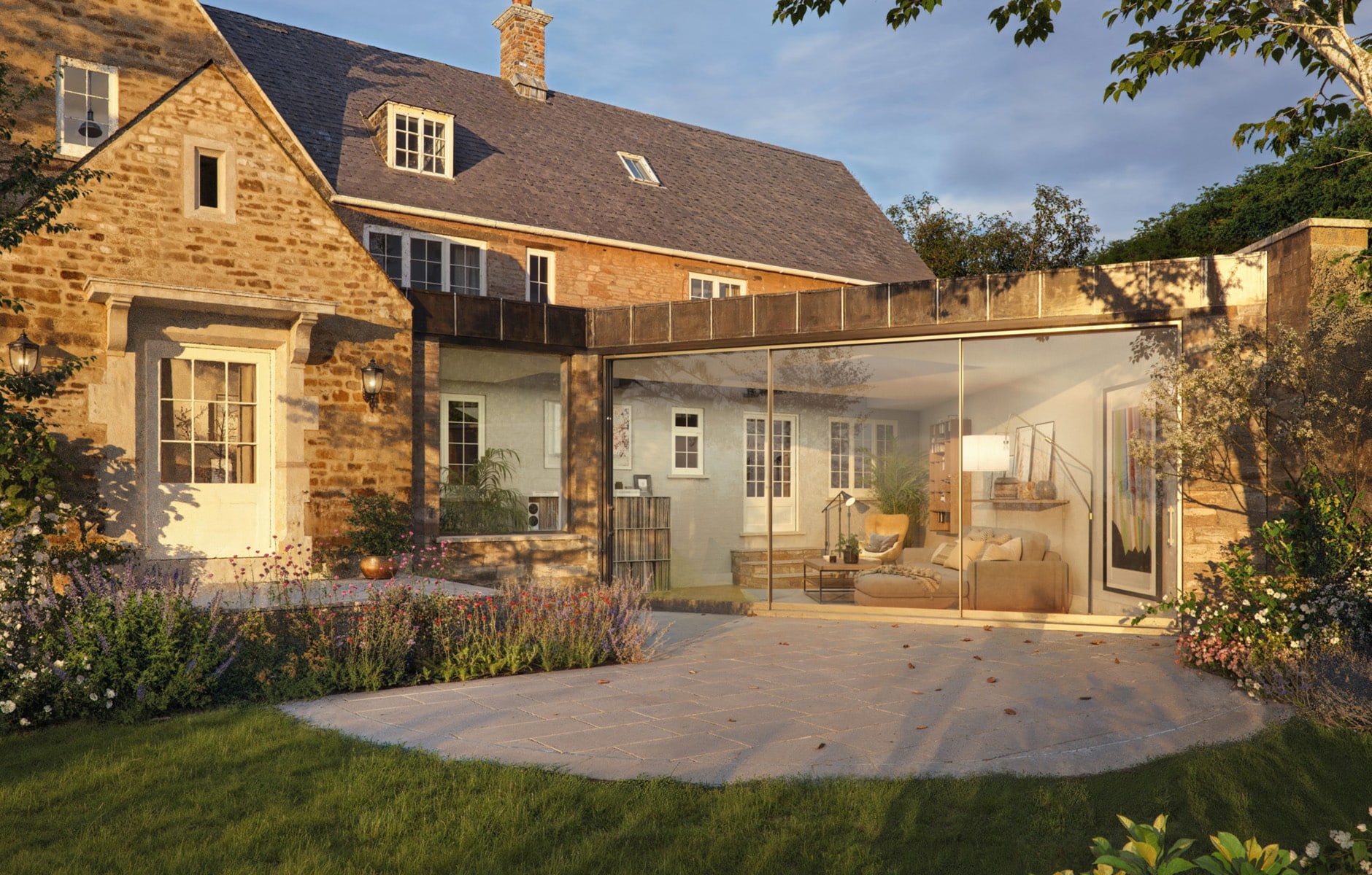 Ultra-slim frameless sliding door system installed in a luxury Cotswolds extension 1