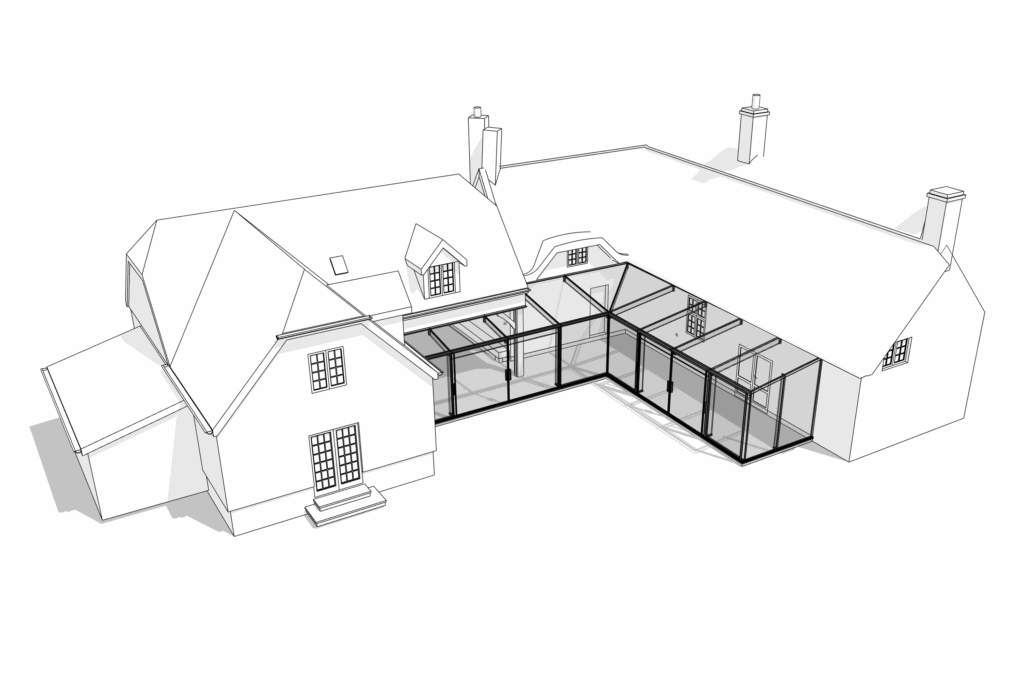 Initial concept drawing of frameless glass extension design near Warminster.