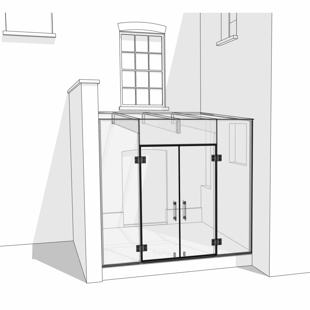 Initial concept drawing showing the proposed modern glass extension in the former courtyard area.