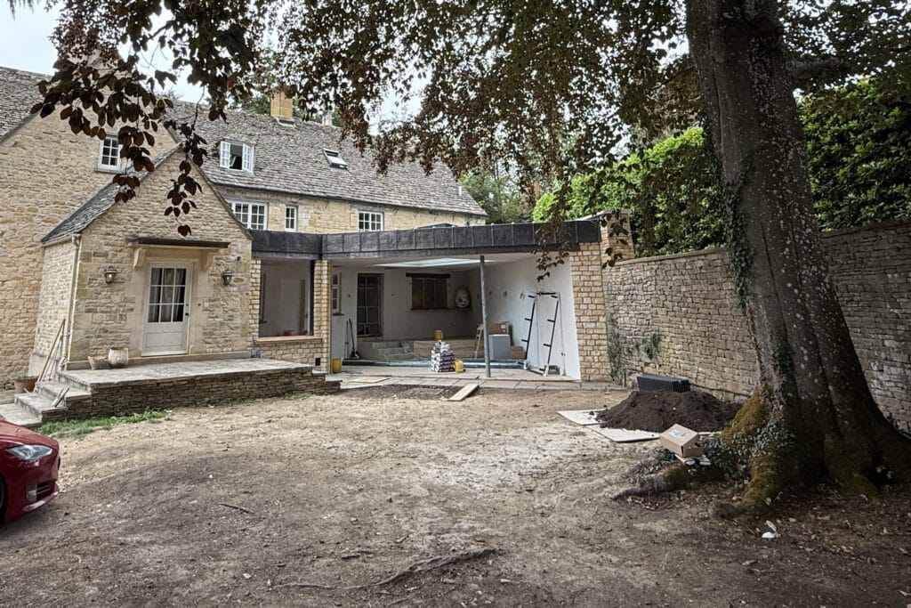 Newly built extension showing 6.5m by 3m opening prepared for frameless sliding doors in the Cotswolds