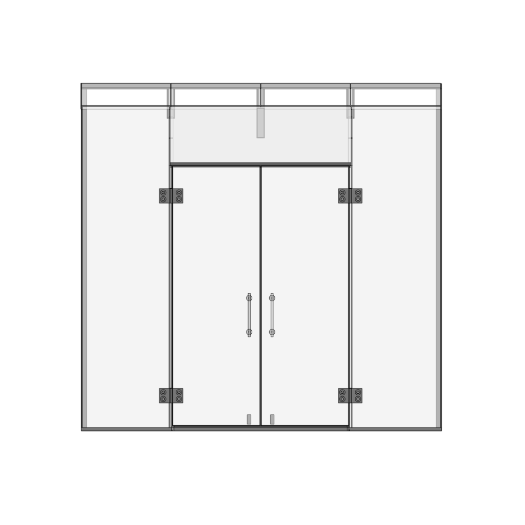 Front elevation drawing of the glass extension showing full-height French doors and structural glass panels.