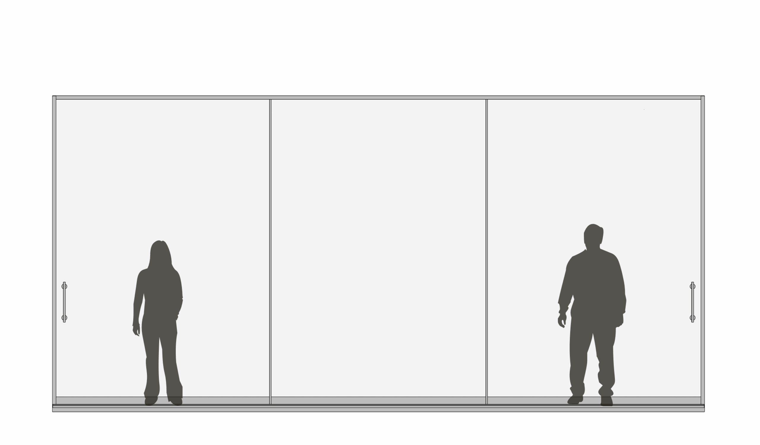 Front elevation drawing of large frameless sliding doors with human figures for scale