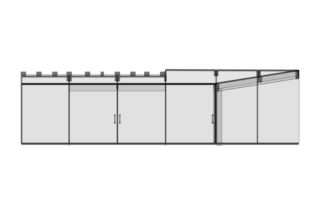 Front elevation drawing showing bi-parting sliding doors on frameless glass extension.