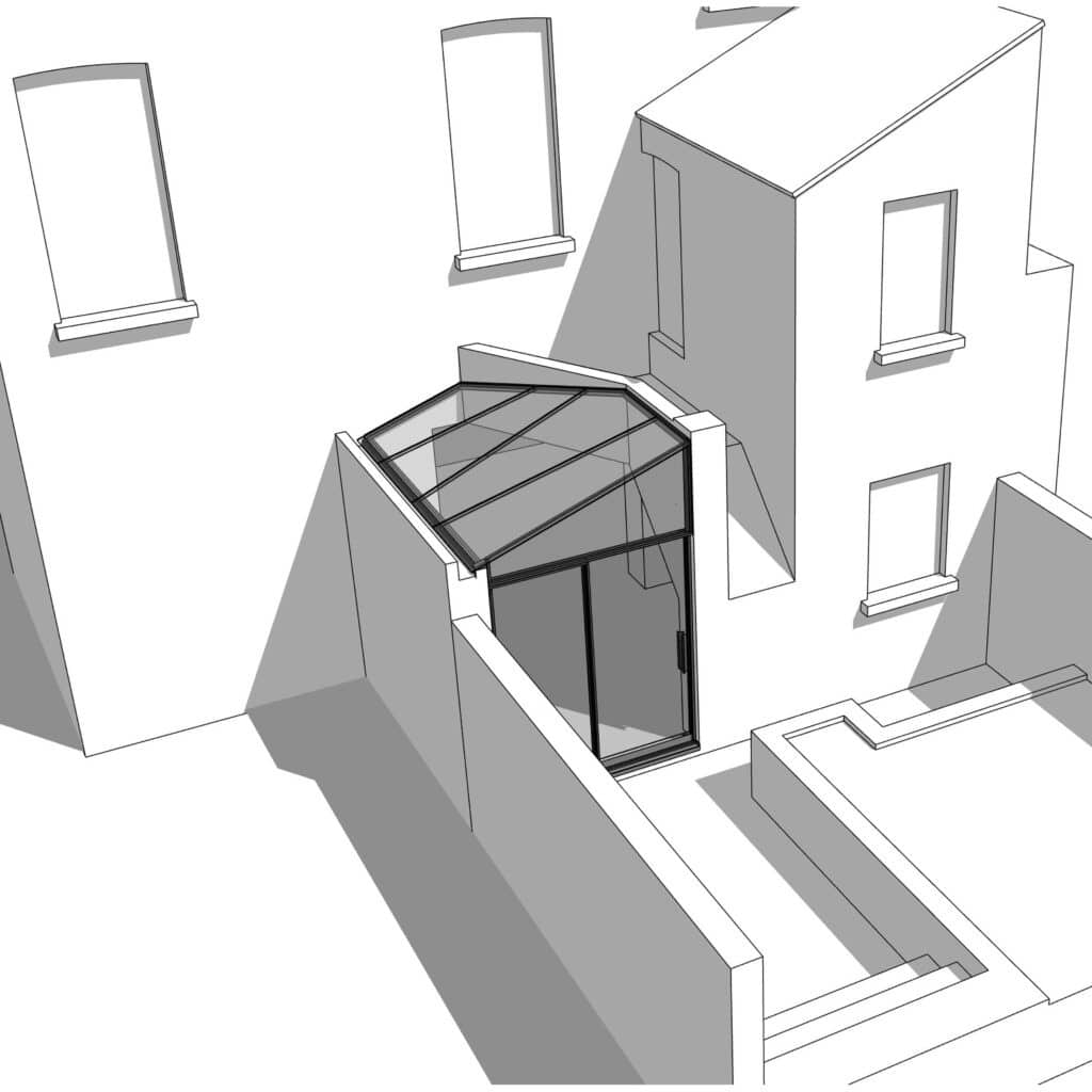 Concept design drawing showing the form and layout of a proposed London glass extension.