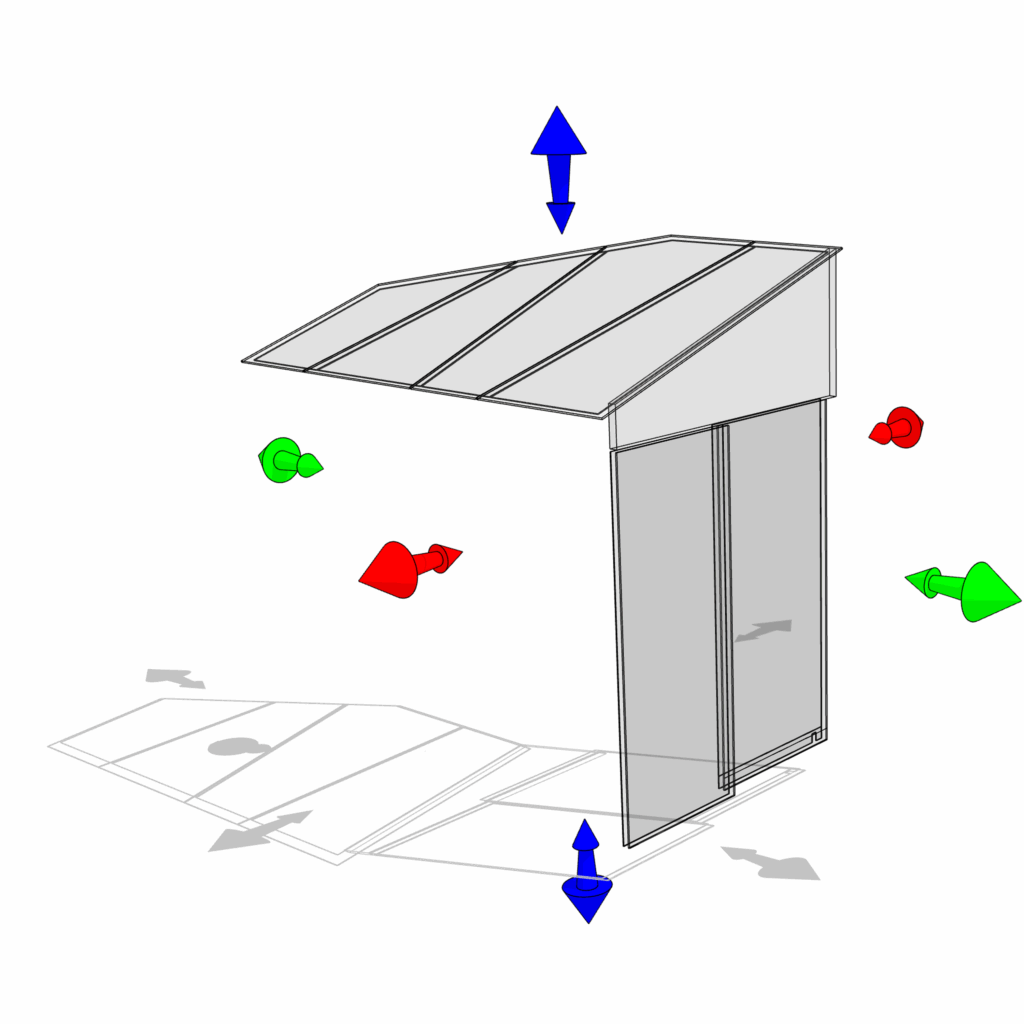 Isometric drawing showing how the glass extension’s units fit together.