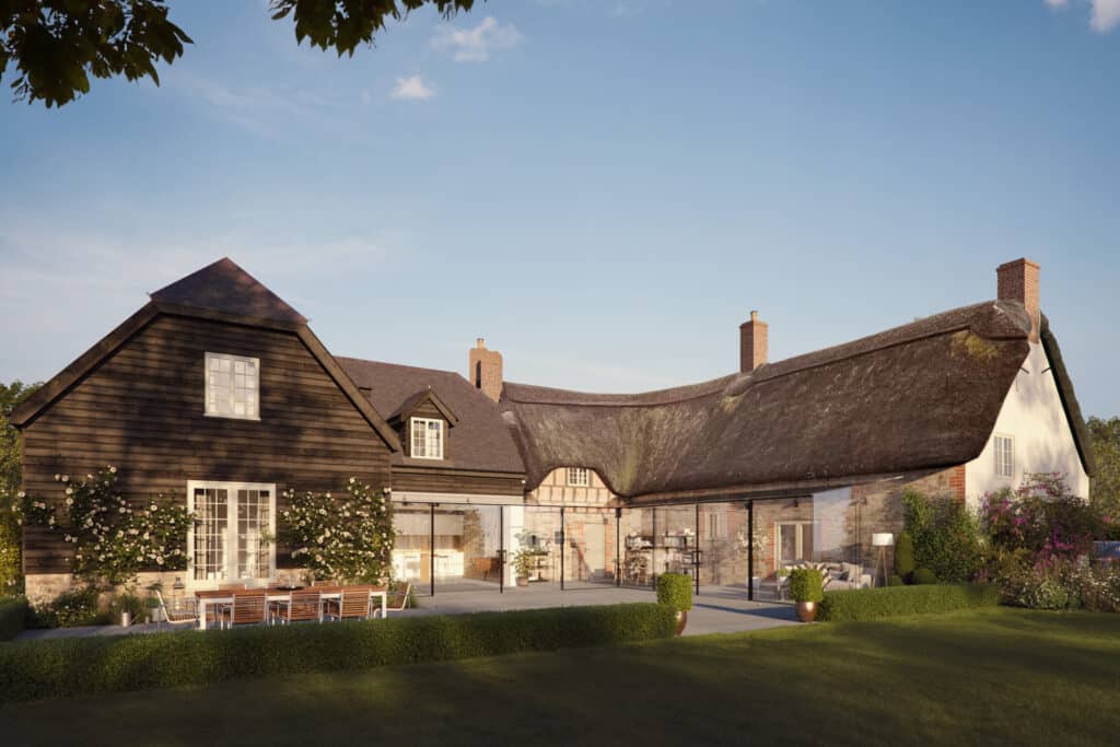 3D visual rendering showing frameless glass extension design for thatched cottage near Warminster.