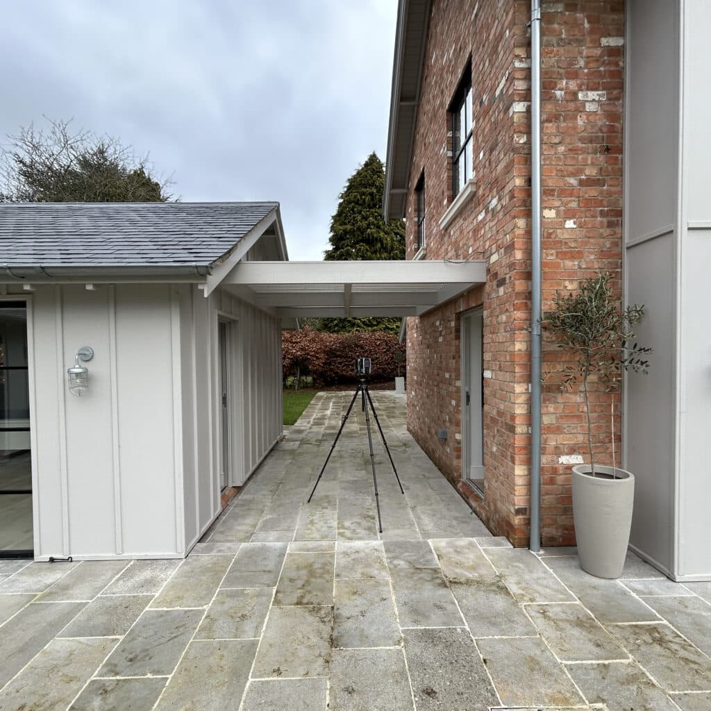 3D laser scan being carried out under the existing roof before construction of the new glass link in Nottingham