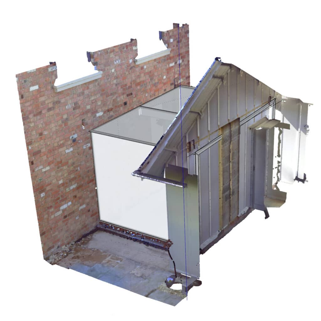 Drawing showing the glass link design positioned within the 3D laser scan point cloud for visualisation and dimensional accuracy