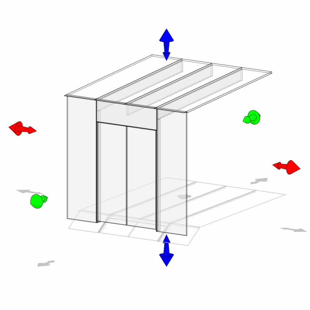 Isometric technical drawing showing how the structural glass units of the extension fit together.