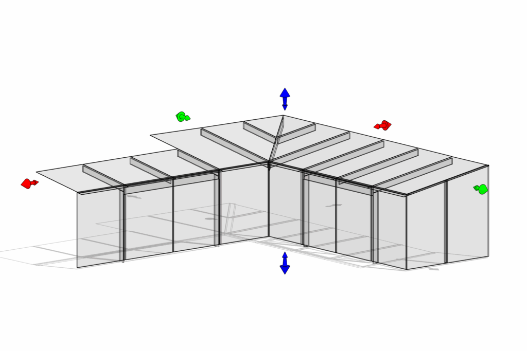 Isometric drawing showing assembly of glass beams and roof panels for frameless extension.