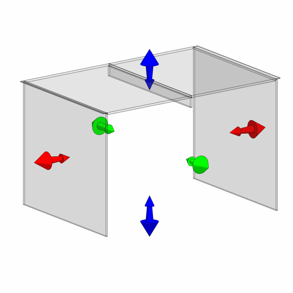 Isometric drawing of the glass panels used to construct the glass link, showing their arrangement and structure
