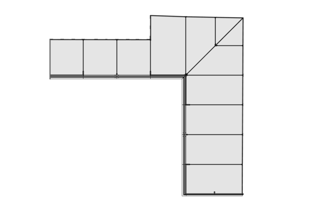 Plan view showing layout of frameless glass roof panels and beams.