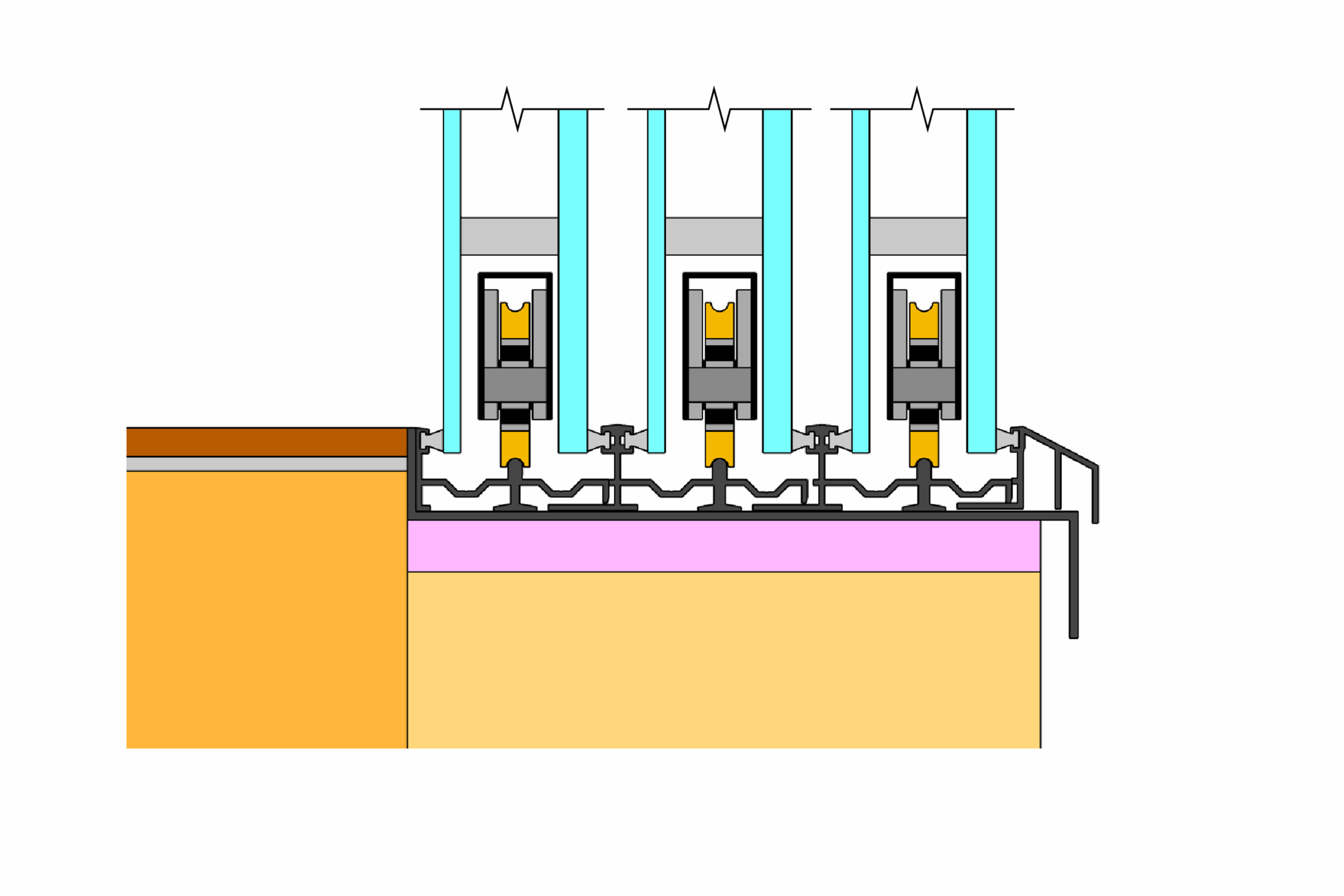 Base detail section showing sliding door wheel carriages and flush internal floor level.