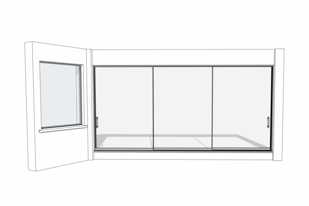 Sketch illustrating frameless sliding doors alongside adjacent fixed-frame window.